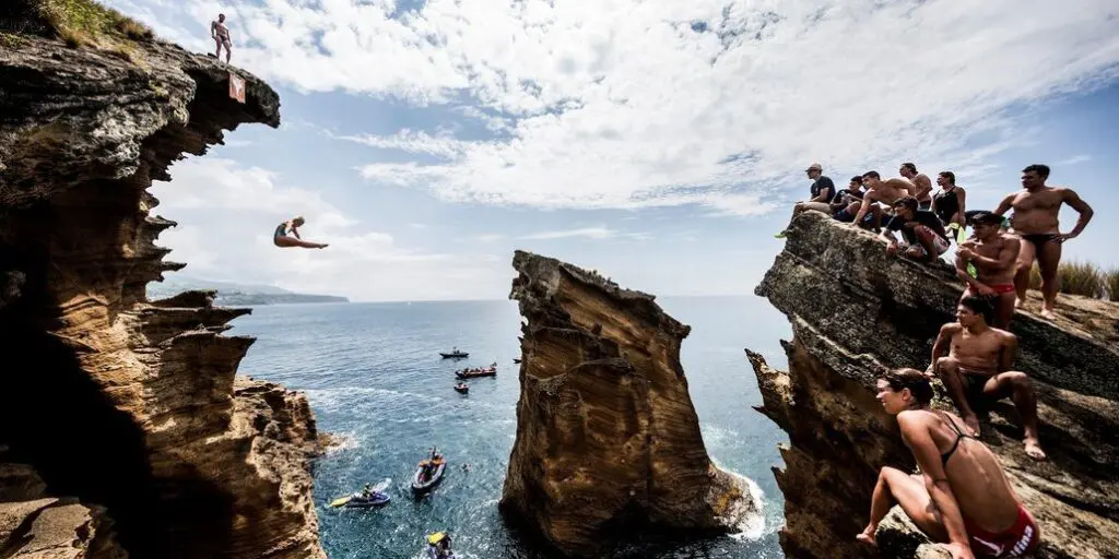 Rachelle Simpson of the USA dives from a 20 metre cliff during an open training day prior to the fifth stop of the Red Bull Cliff Diving World Series, Islet Franco do Campo, Azores, Portugal on July 15th 2015.