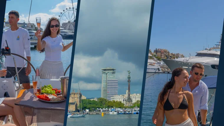 Gente disfrutando de un paseo en velero en Barcelona