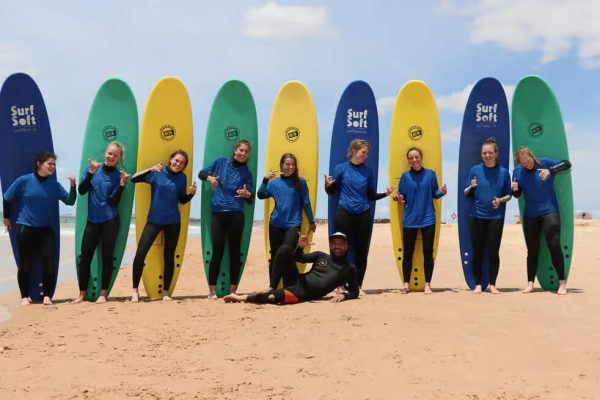 Group of surfers on Falésia Beach in Vilamoura